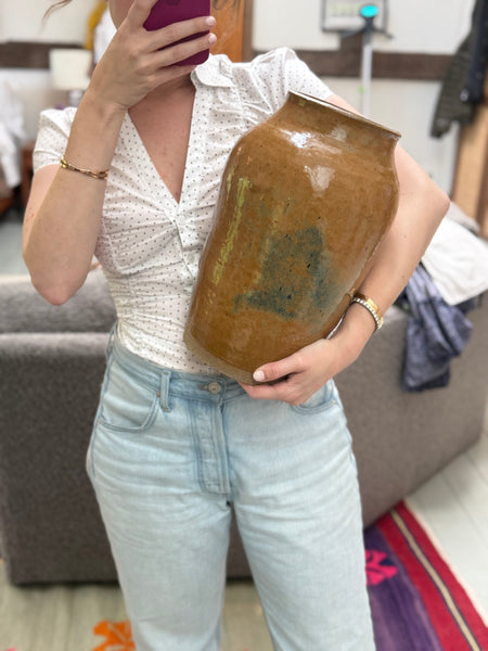 Large mustard vase with green splotch